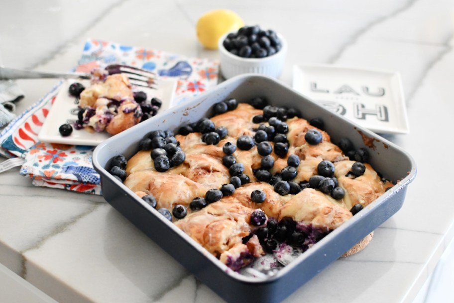 pan of blueberry lemon bake on the counter