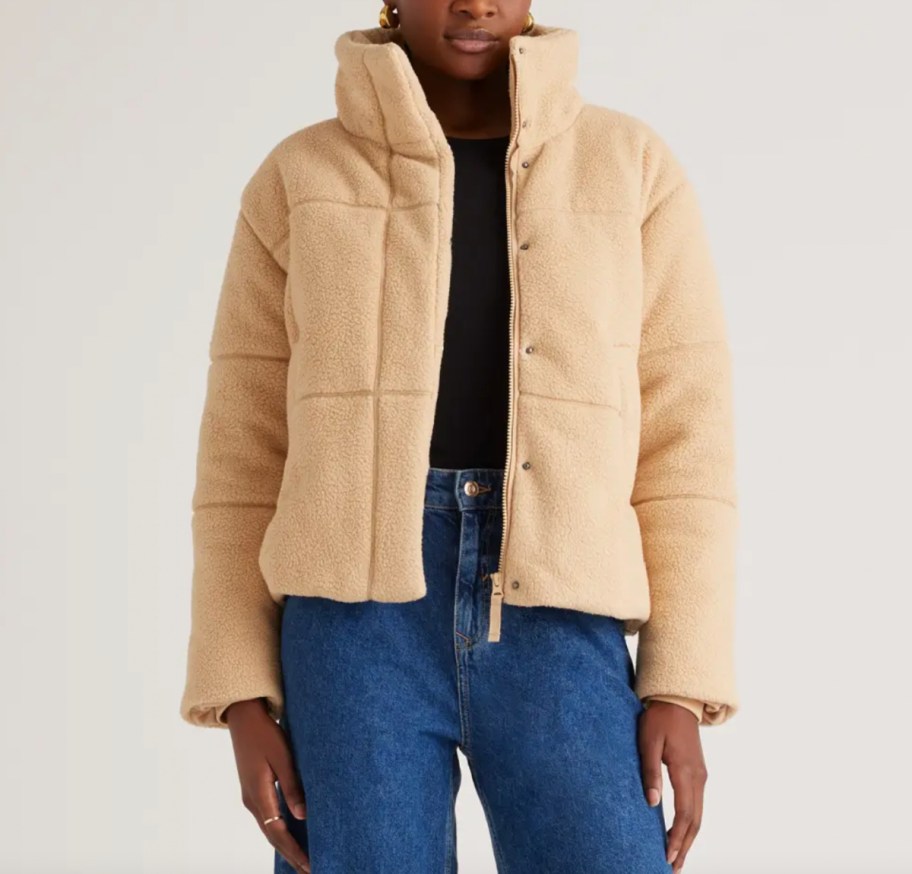 beige sherpa puffer jacket