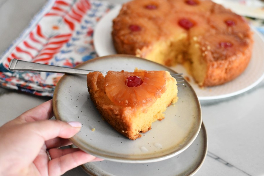 small plate with a slice of pineapple cake