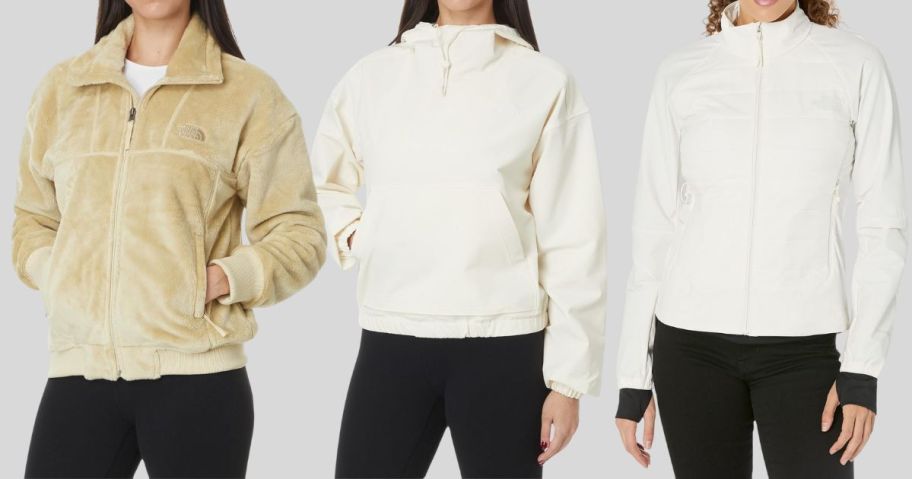 three women wearing the north face jackets