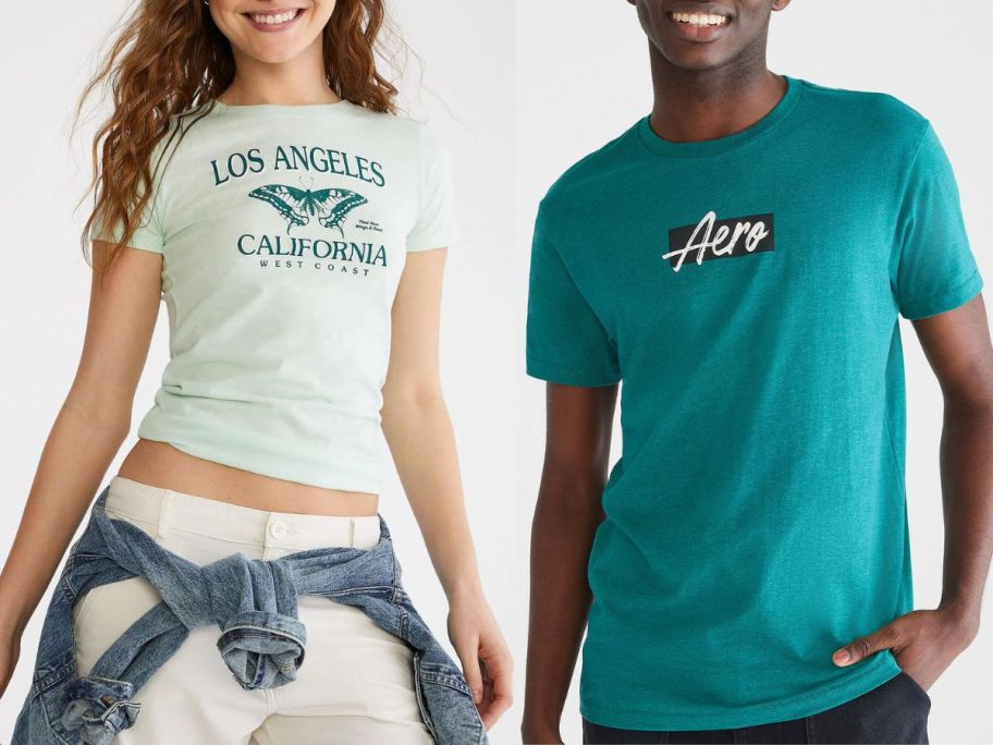 Stock images of a teen girl and boy wearing Aeropostale t-shirts