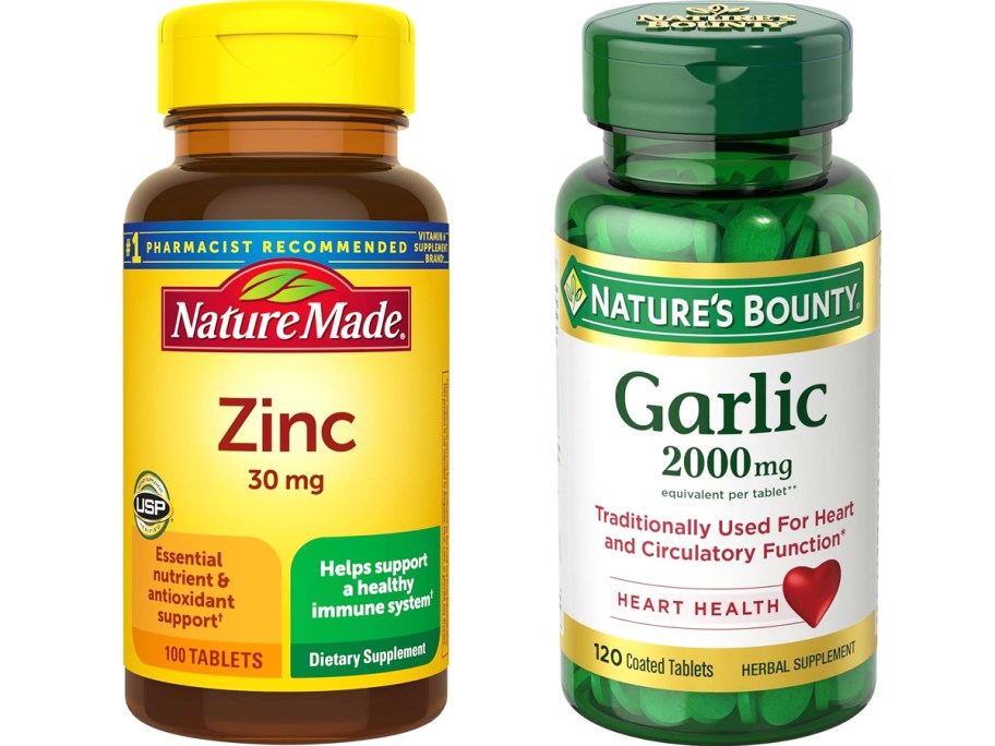 bottles of Nature Made Zinc and Nature's Bounty Garlic supplements