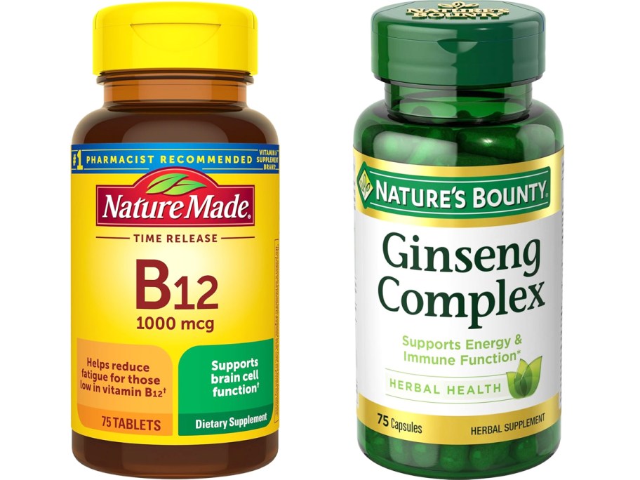 bottles of Nature Made Vitamin B12 and Nature's Bounty Ginseng Complex