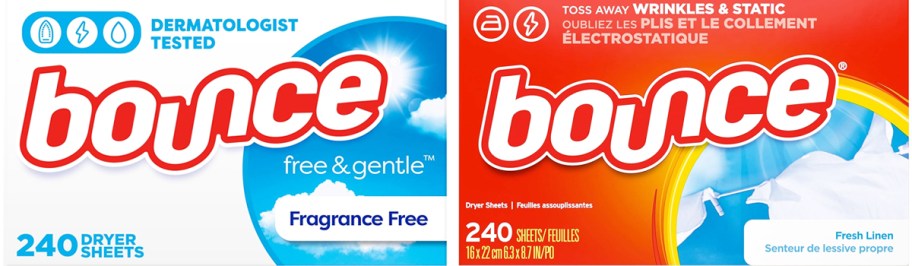 white and orange boxes of Bounce Dryer Sheets