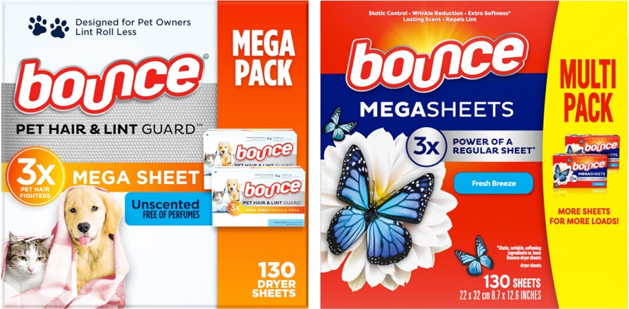 two boxes of Bounce Mega Dryer Sheets