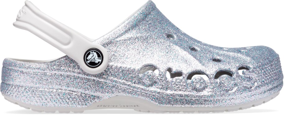 silver glittery crocs clog