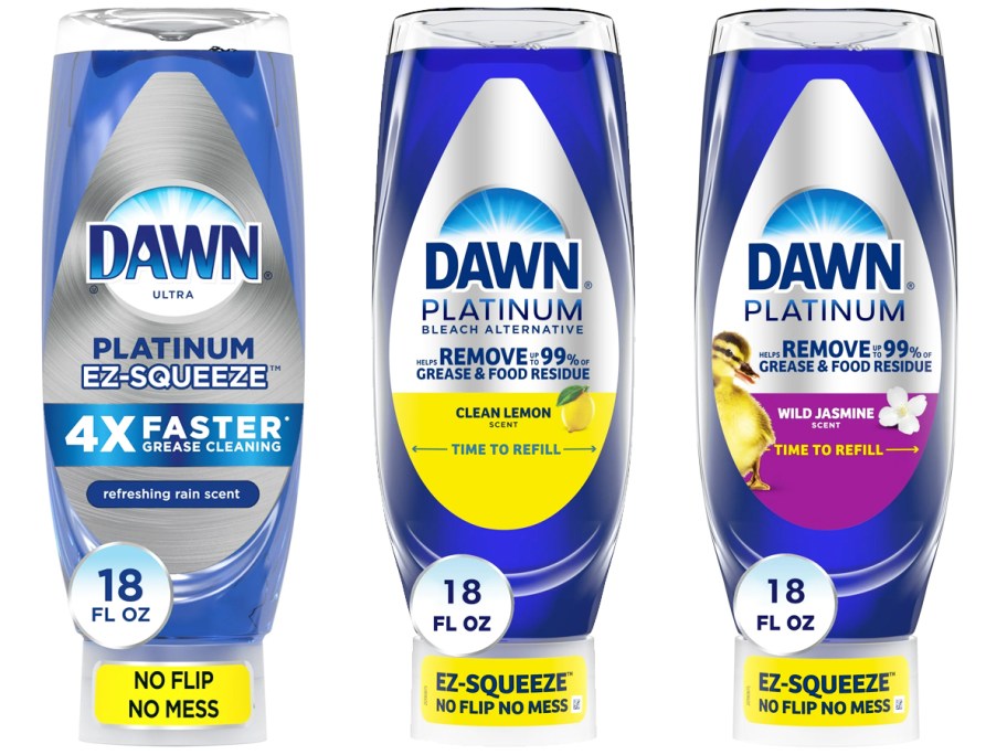 three blue bottles of Dawn EZ-Squeeze dish soap