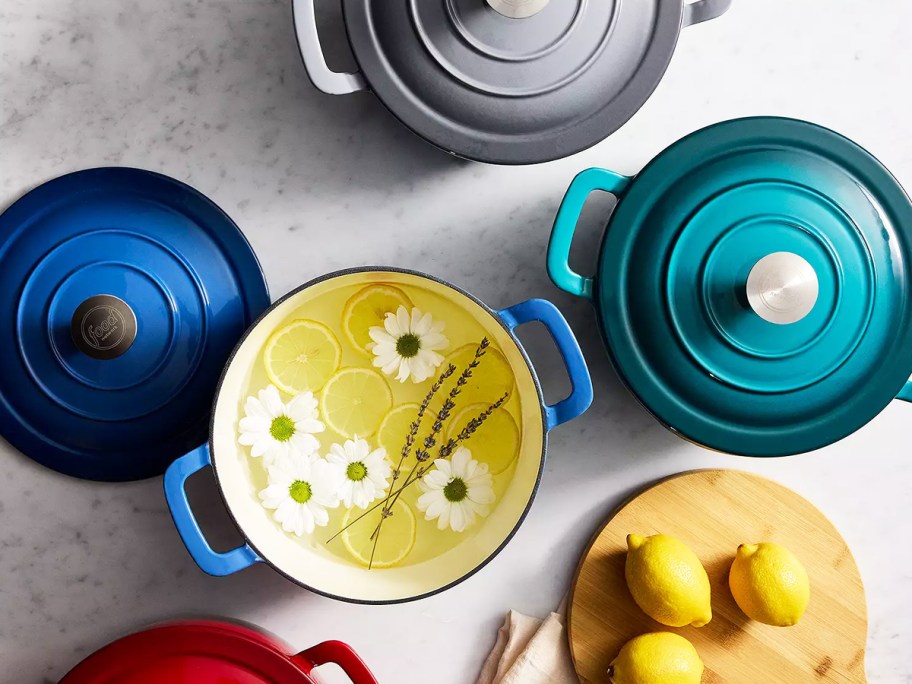 colorful dutch ovens on counter
