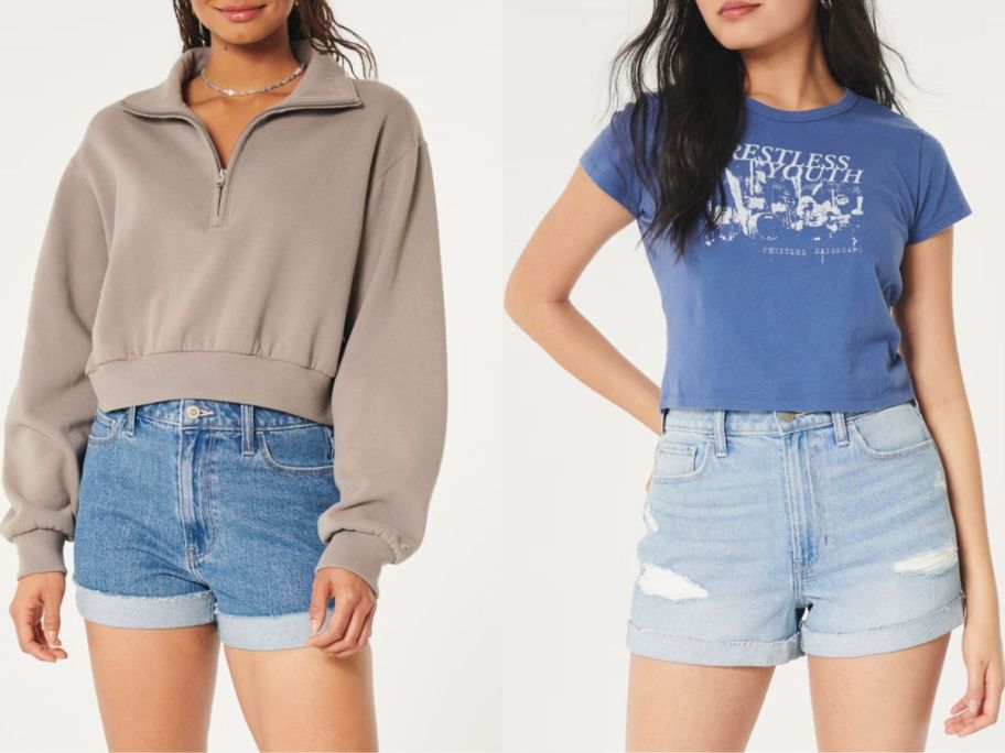 2 women wearing Hollister denim mom shorts