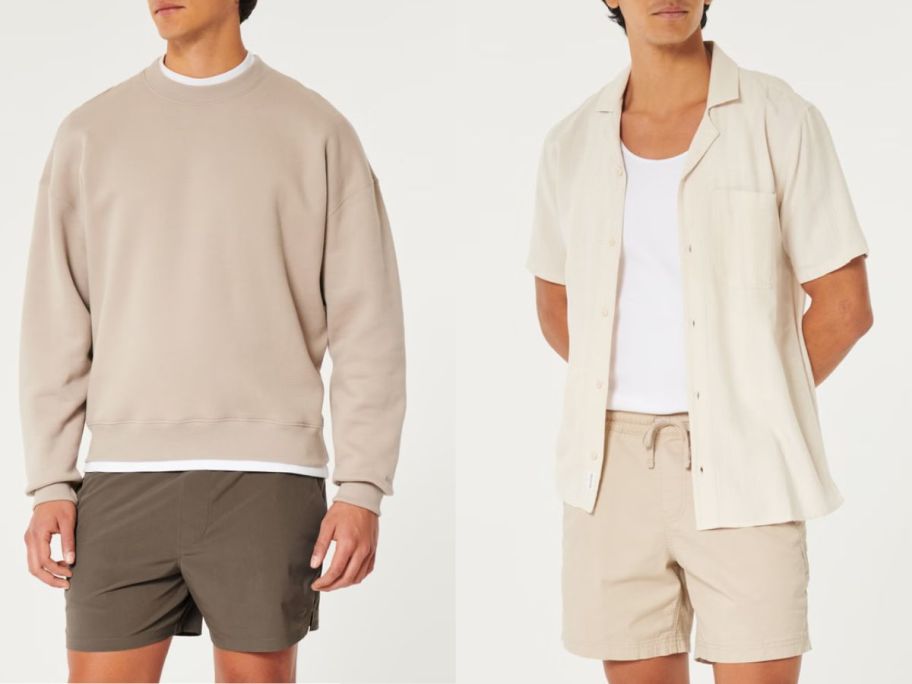 Stock images of 2 men wearing hollister shorts