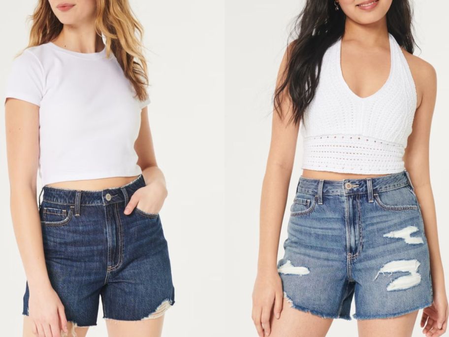 Stock image of two teen girls wearing Hollister 90s denim shorts