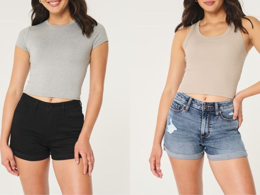 2 teen girls wearing Hollister curvy denim shorts