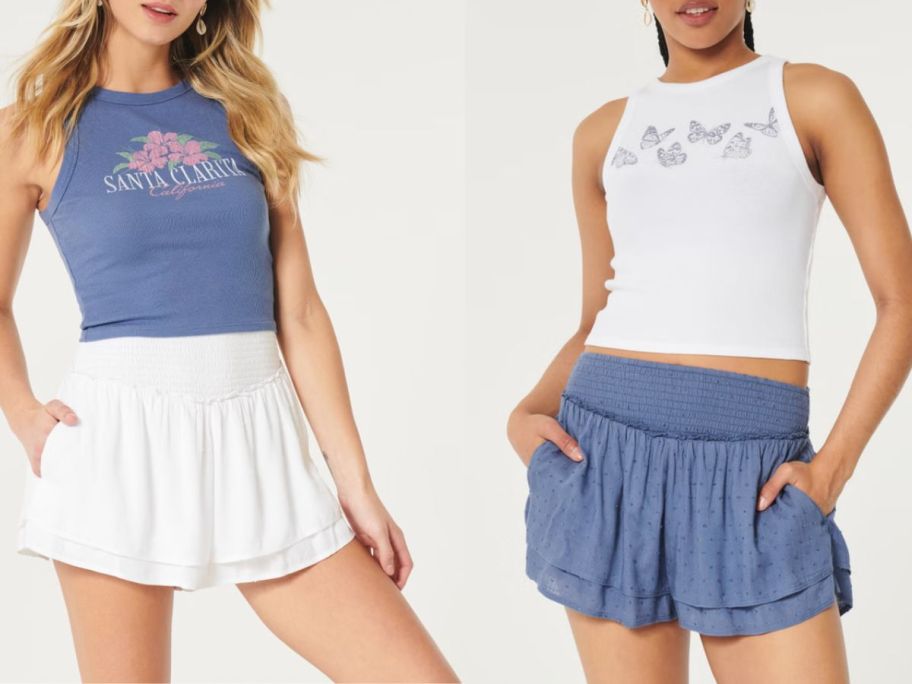 2 women wearing Hollister tiered active shorts