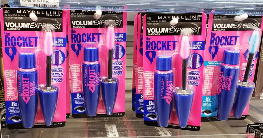 pink and blue tubes of Maybelline Volum' Express The Rocket Volumizing Mascara on store display