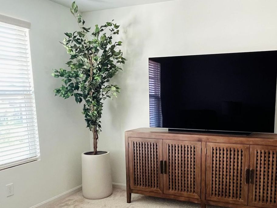 Nearly Natural 5' Artificial Ficus Tree w/ Curved Trunk next to tv