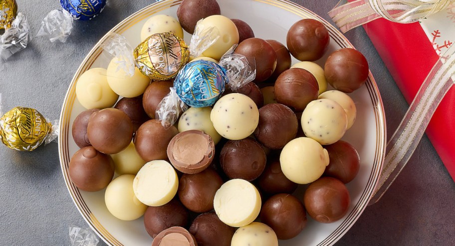 Plate filled with Linds truffles openedup