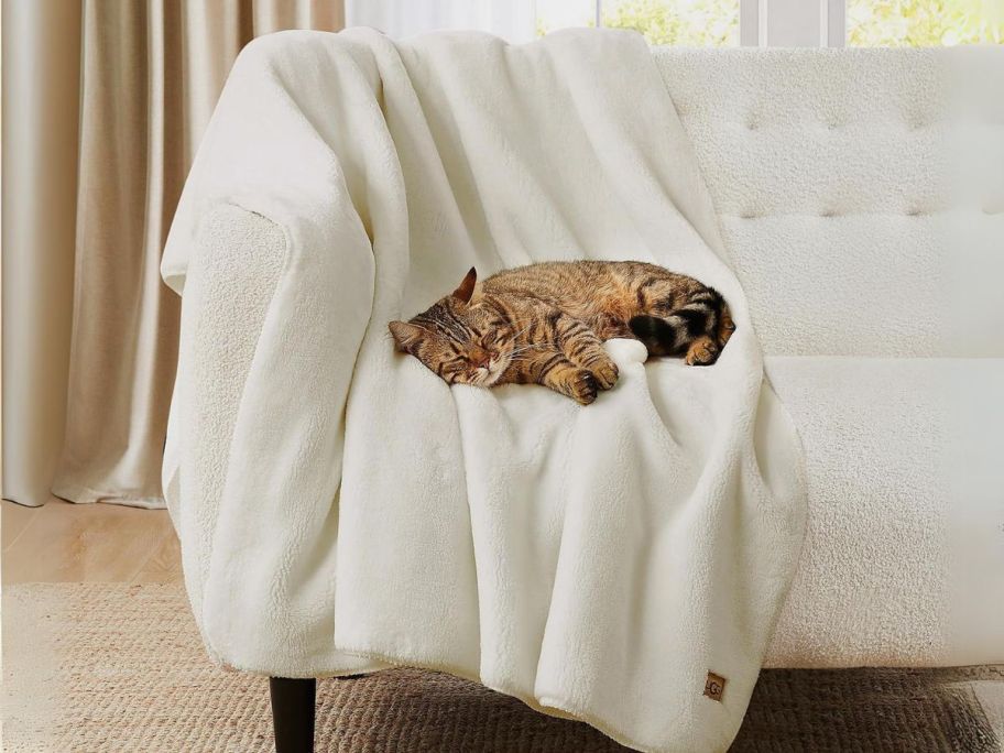 UGG Whitecap Plush Oversized Fleece Throw Blanket in White on couch with cat on it