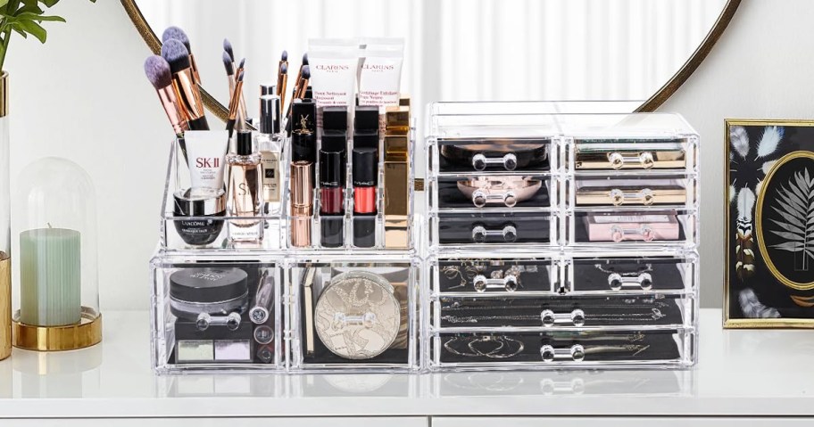 Makeup Organizer filled with makeup and beauty tools