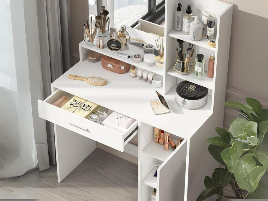 Vanity Desk w/ Mirror & Light in White workspace