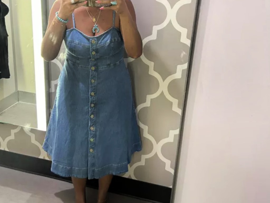 woman showing off denim Corset Midi A-Line Dress