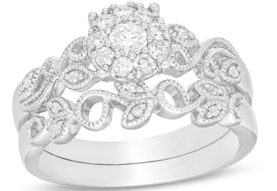 Zales 1/3 CT. T.W. Diamond Frame Vine-Shank Vintage-Style Interlocking Bridal Set in 10K White Gold