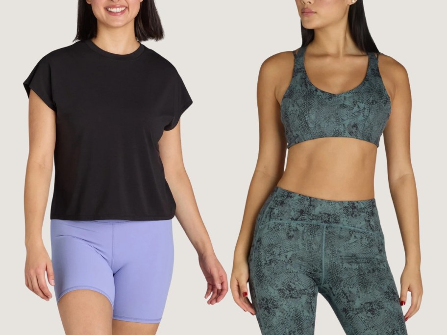 woman wearing a black cropped tshirt and purple bike shorts, and woman wearing a green snake print sports bra and leggings