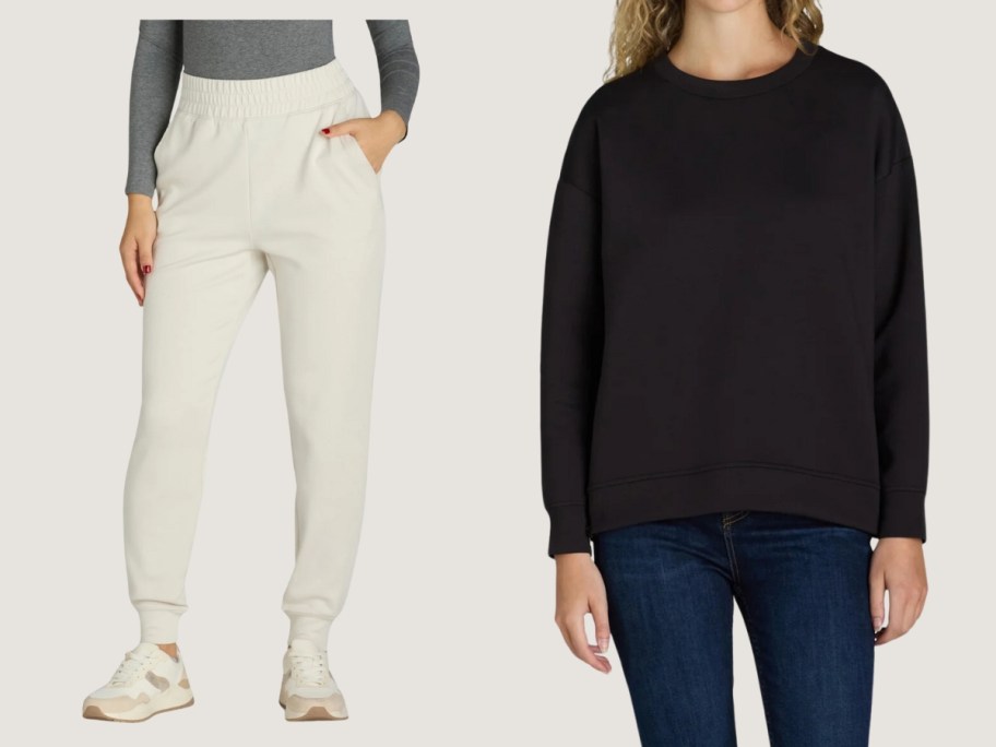 woman wearing cream jogger pants and woman wearing a black sweatshirt