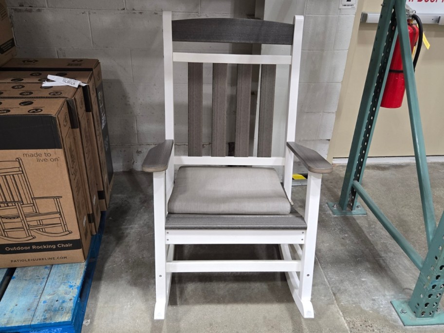 rustic style white and greyish wood rocking chair at Costco