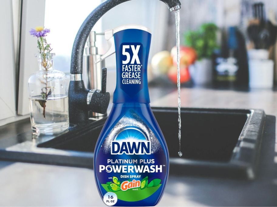 Dawn Powerwash Gain Original Dish Spray, Dish Soap Starter Kit, 16 Fl Oz bottle sitting in front of sink