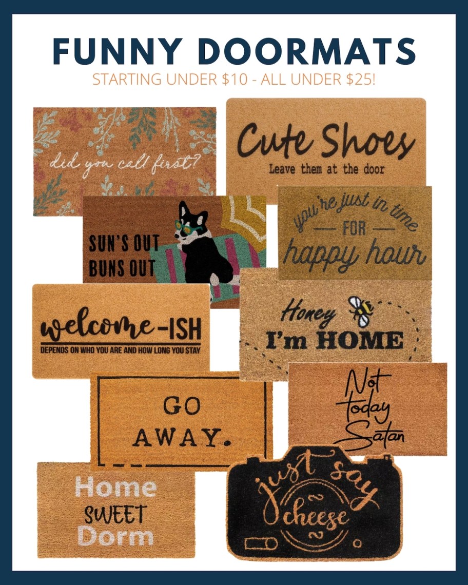 collage of funny doormats
