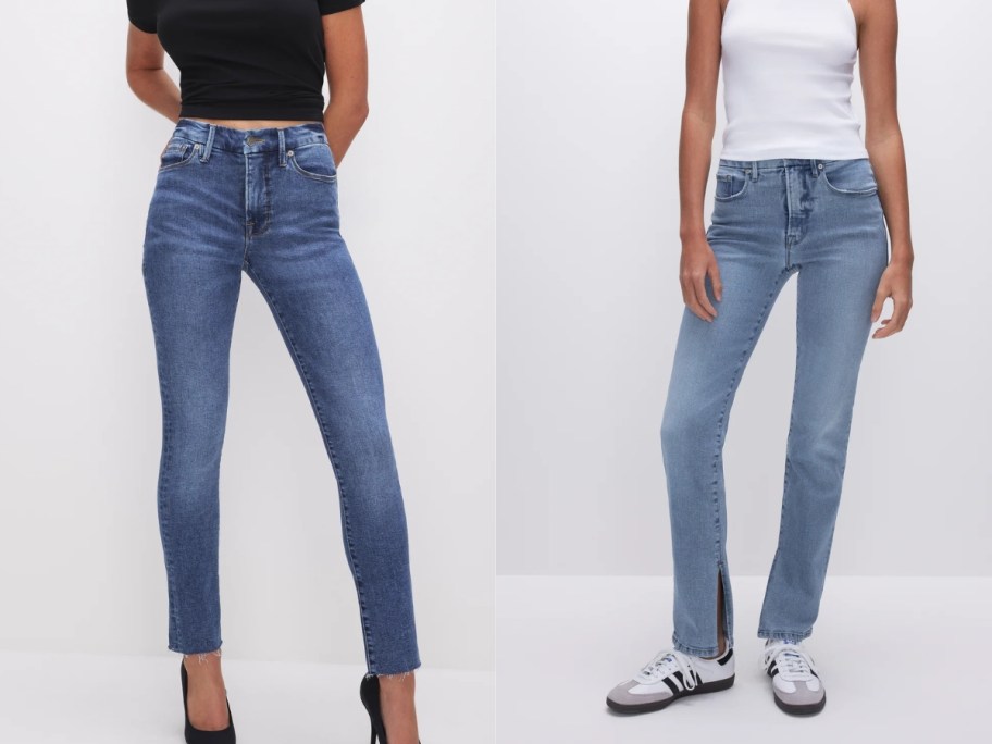 woman wearing cut off jeans with a black top next to a woman wearing straight leg jeans with a white top