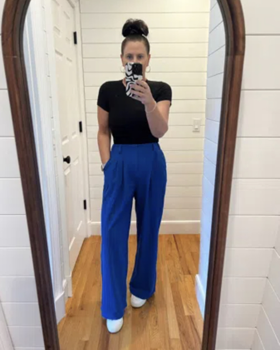 woman taking selfie in mirror wearing halara wide leg waffle pants