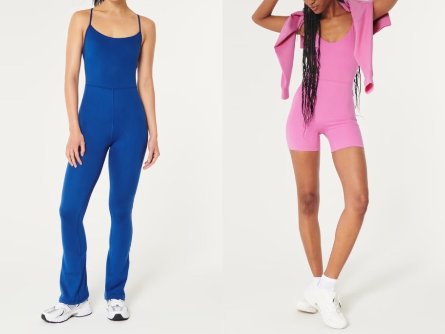 woman wearing a blue workout long onesie outfit and woman wearing a pink short workout onesie