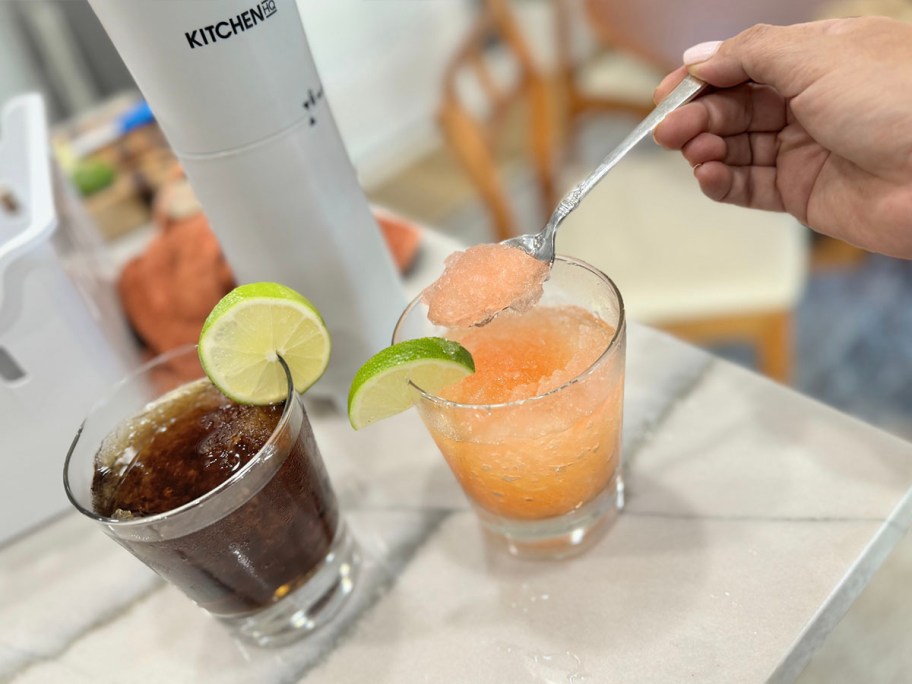 two cups of drinks with shaved ice