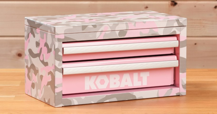 a pink camo print mini Kobalt toolbox on wood table