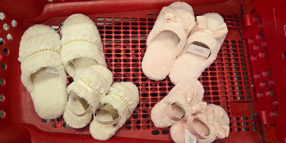 white and pink mom and kid slippers in shopping cart 