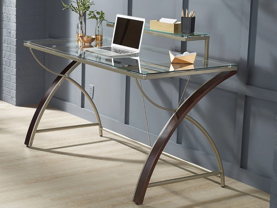 cherry wood and silver desk with glass top 