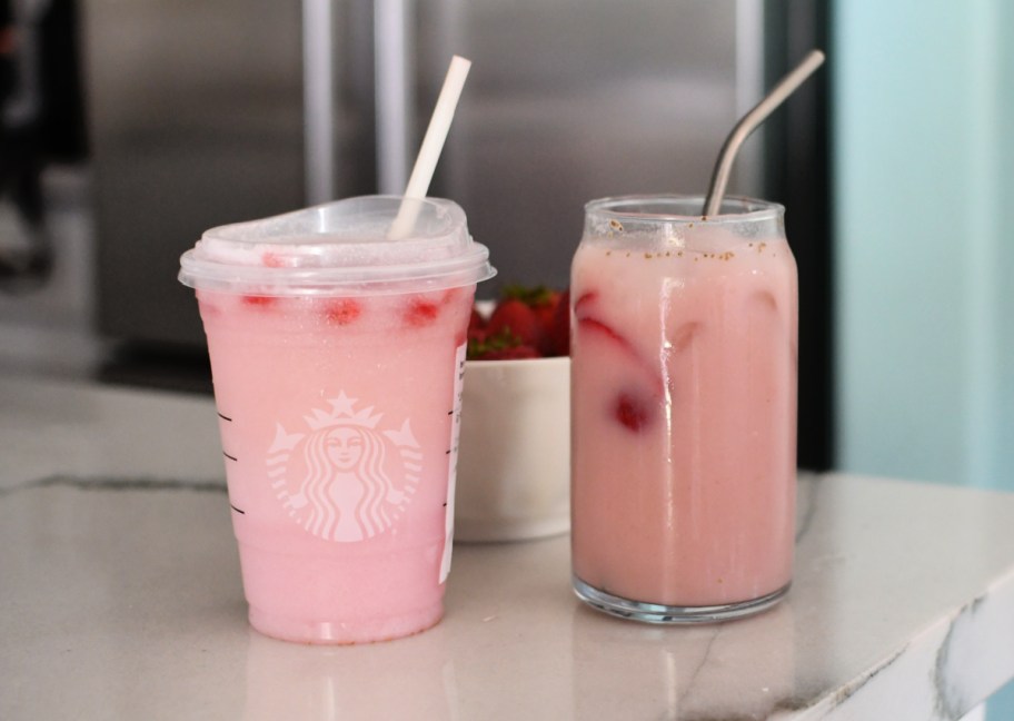 Our Hip2Save Starbucks Pink Drink copycat recipe next to the real Starbucks drink