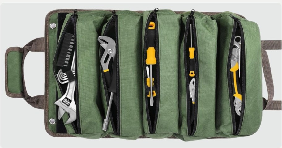 Green roll up tool bag organizer with tools inside.