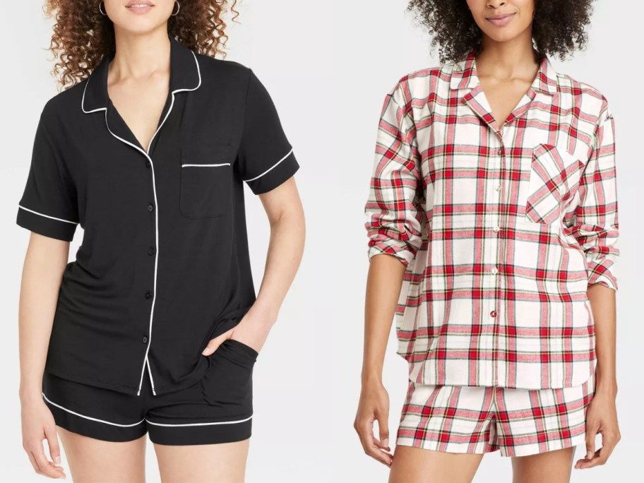 woman wearing a black notch collar short sleeve shirt and shorts pajama set next to a woman wearing a long sleeve shirt and shorts flannel pajama set