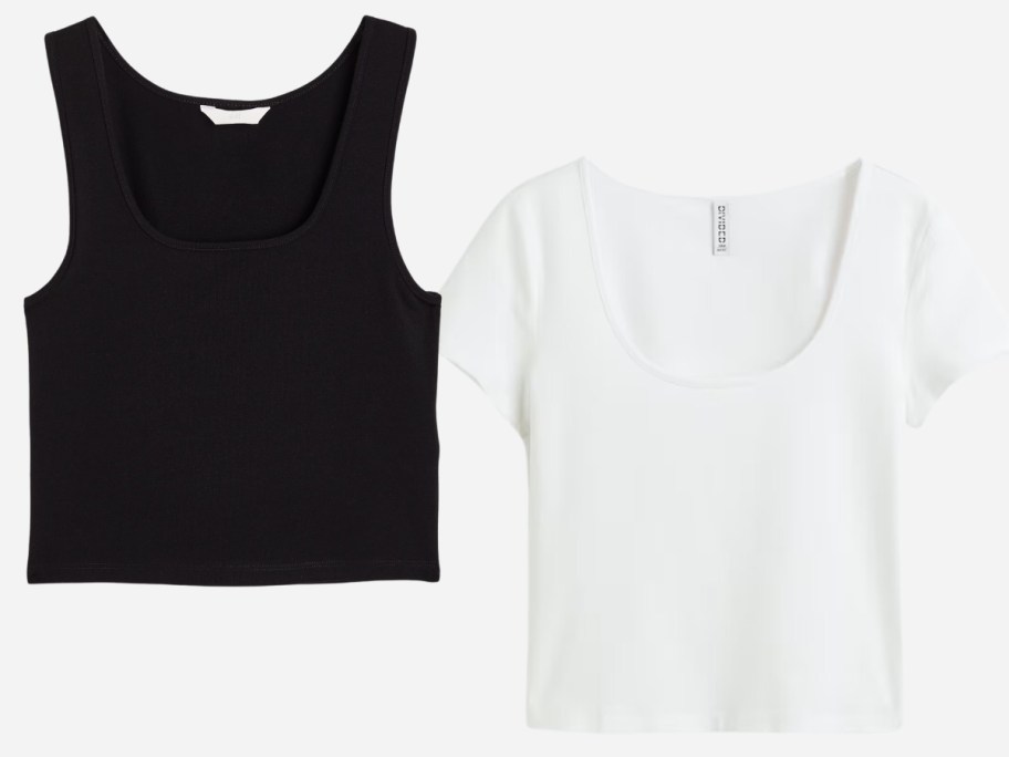 women's black crop tank top and white tshirt