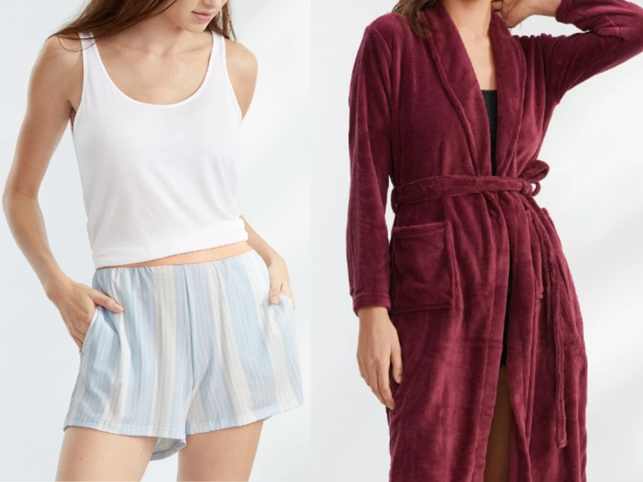 woman wearing pajama shorts and white tank and woman wearing a cranberry color plush robe