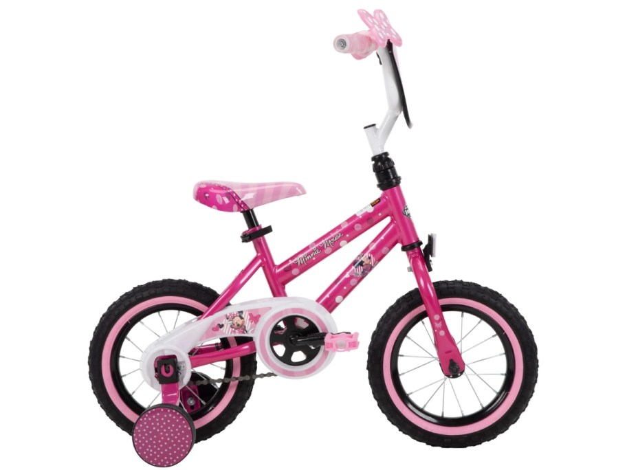 a kids pink, black and white Disney Minnie Mouse bike