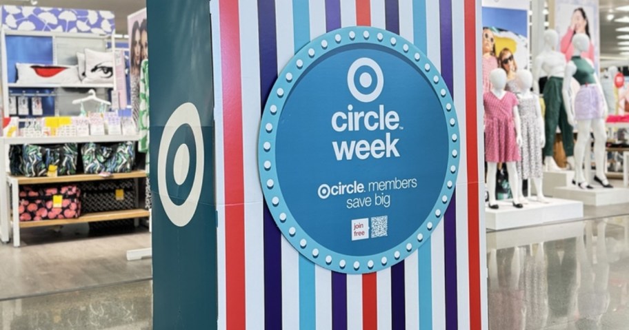 large striped sign that says "Target Circle Week" inside a Target store