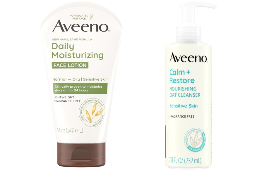 bottle of aveeno face lotion and cleanser