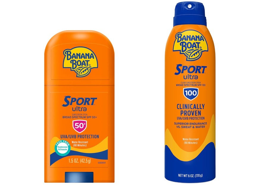 orange stick and can of Banana Boat Sport Ultra Sunscreens