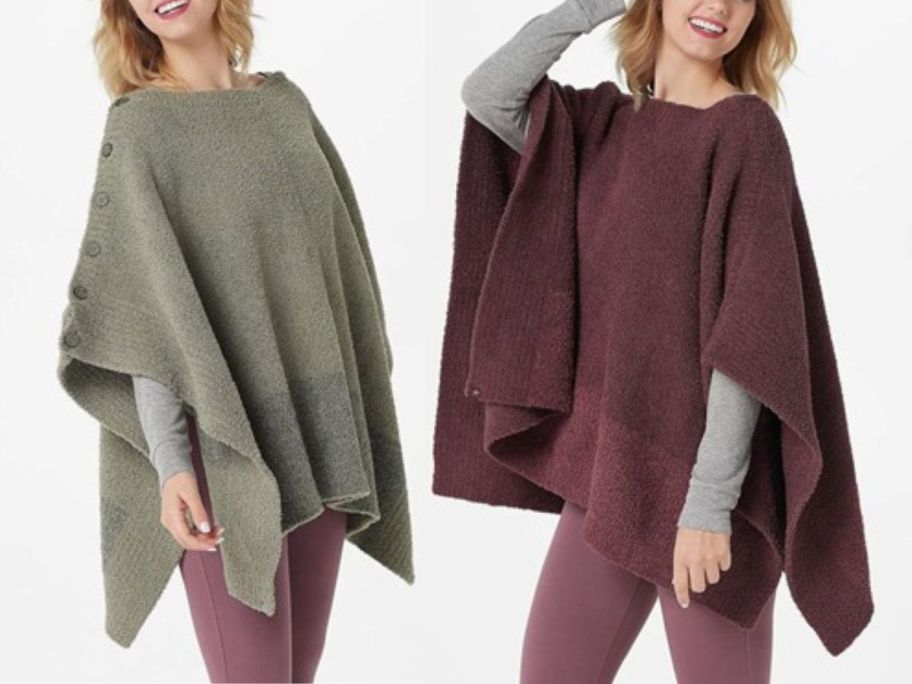 2 women wearing Barefoot Dreams CozyChic Coastline Poncho