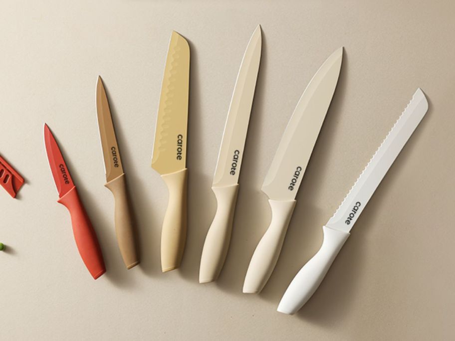 Carote 12-Piece Kitchen Knife Set w/ Non-Stick Ceramic Coating on counter