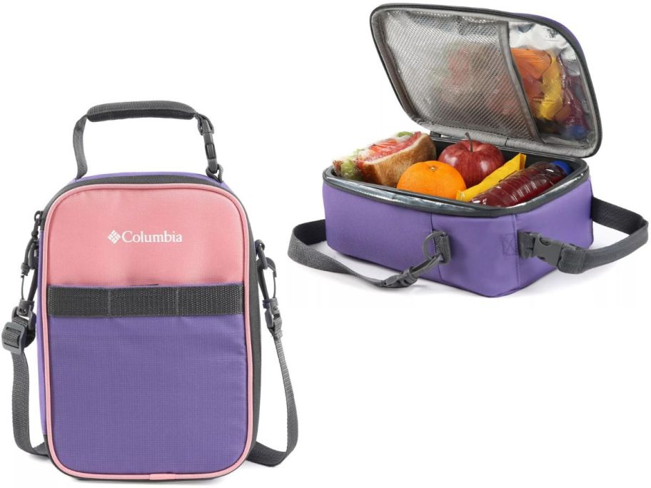 Stock images of Columbia Trek Lunch Bag closed and open with food inside