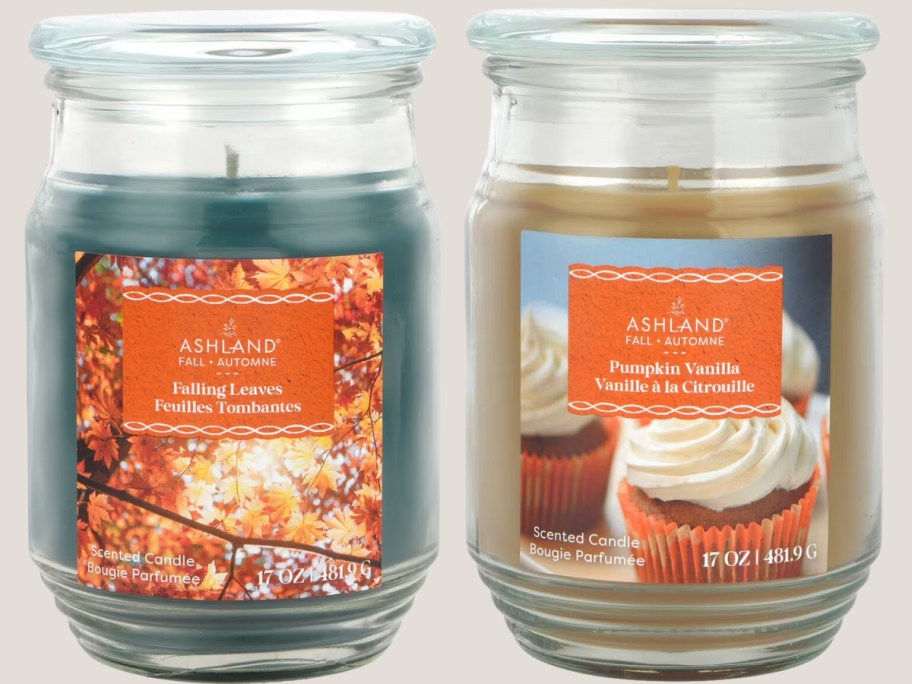 Falling Leaves and Pumpkin Pie scented candles in glass jars